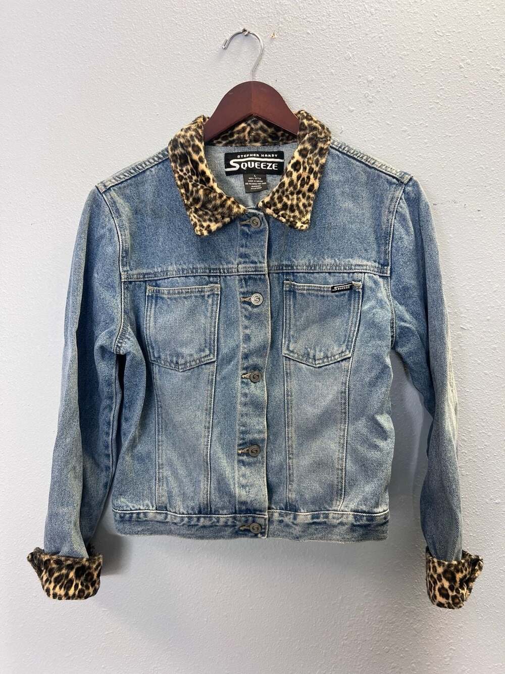 Vintage Squeeze Stephen Hardy Denim Jacket Women L Leopard Faux Fur 0656